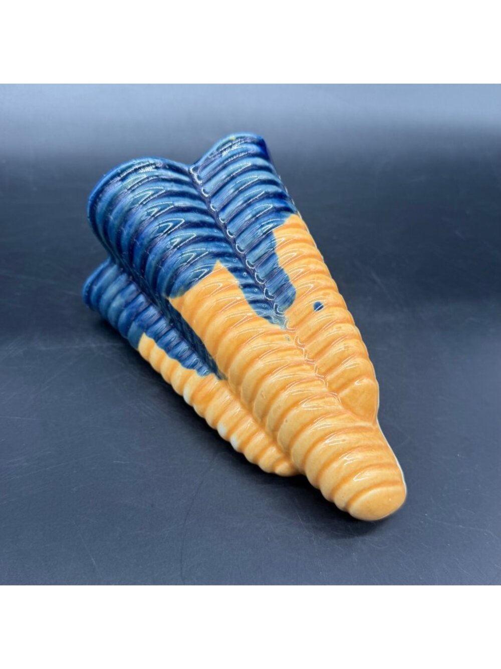 Vintage Corn Cob Wall Pocket Vase Blue Beige Japan Ribbed Hanging Mid Century